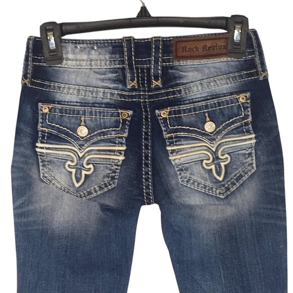 Rock Revival Jeans Womens 25 Alaina Blue  Skinny Distressed Embroidered Pockets - Picture 4 of 16